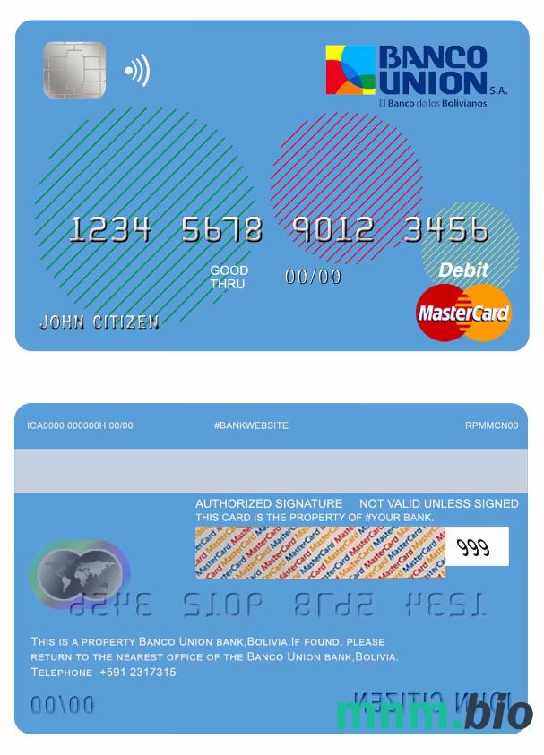 Bolivia Banco Union bank mastercard debet karta przykład w formacie PSD